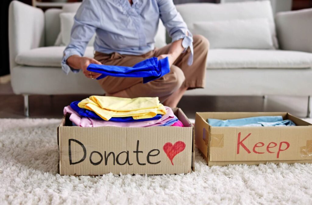 Someone declutters their home, sorting clothing into donation and keep boxes.